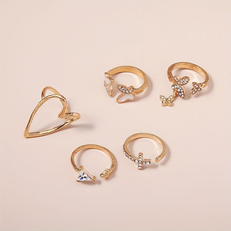 Product Introduction of 5pcs/set Random Rings Elegant Heart Butterfly Triangle Ring Alloy Rings Valentine's Day Gift 5