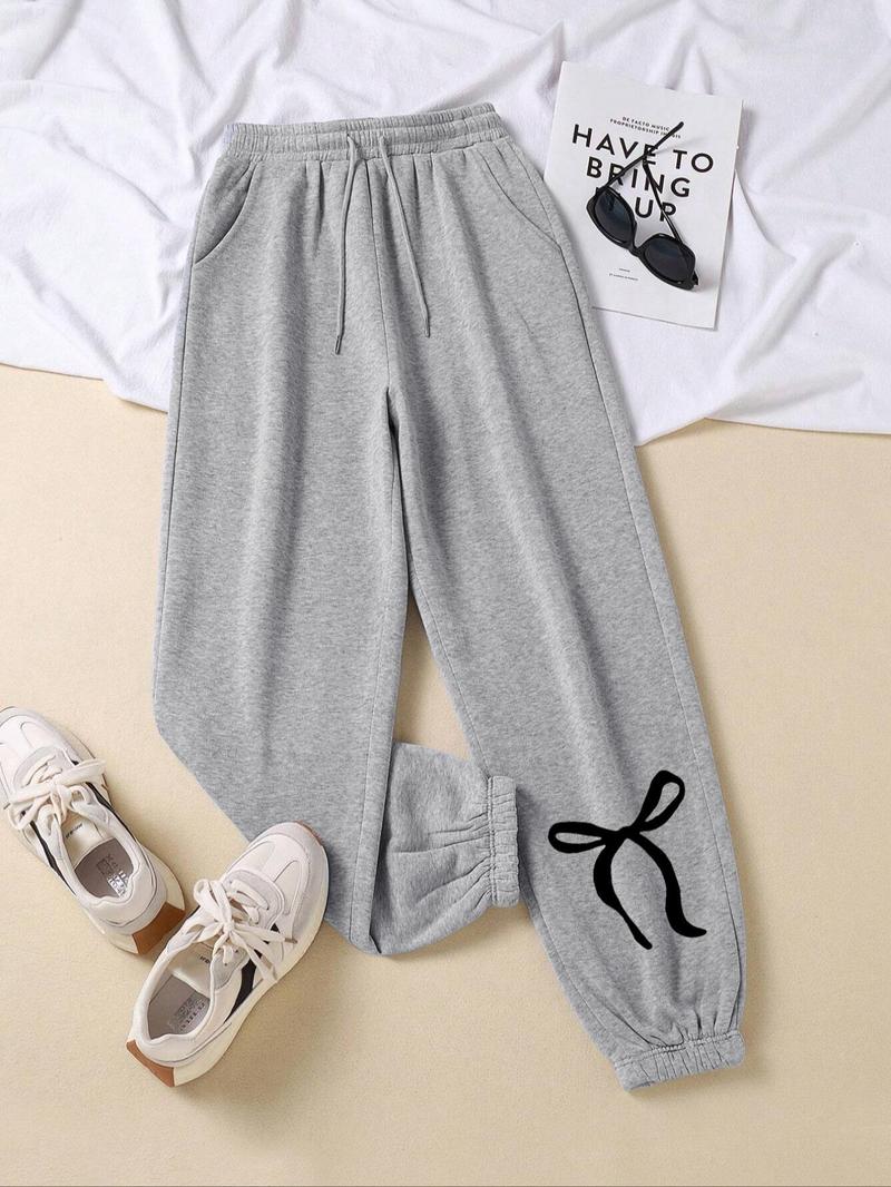 Product Introduction of Women's Bow Print Drawstring Waist Sweatpants, Casual Pocket Jogger Pants for Daily Wear, Ladies Bottoms for Spring & Fall 7