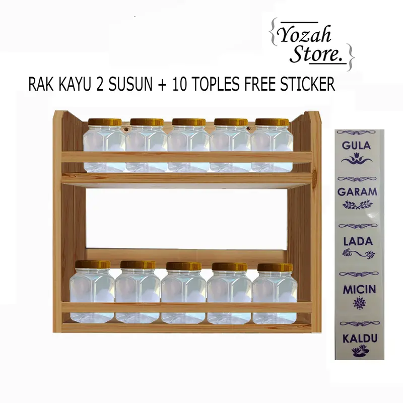Tempat Bumbu Dapur Kayu 2 Tingkat Serbaguna Free Toples Sticker Multifungsi 1
