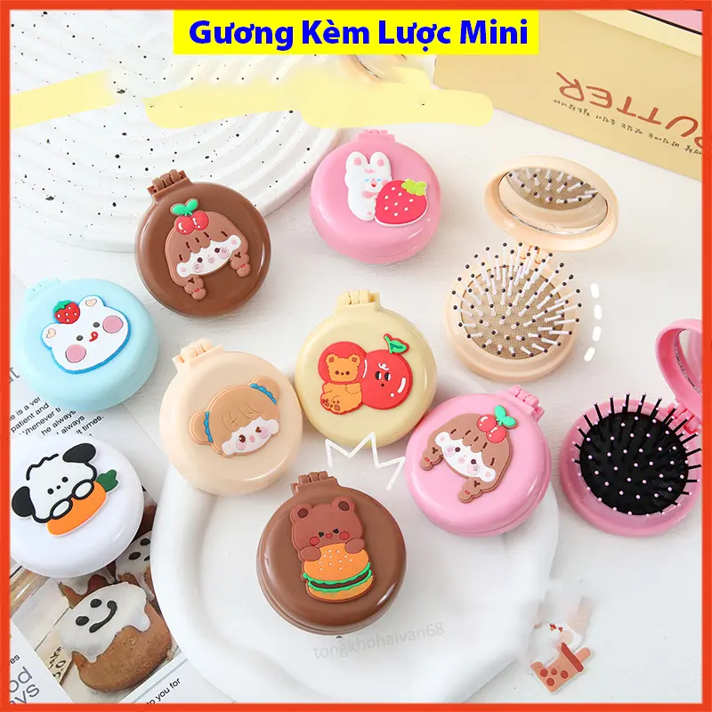Gương lược trải đầu massage cầm tay mini có thể gấp gọn bỏ túi tiện lợi dễ thương