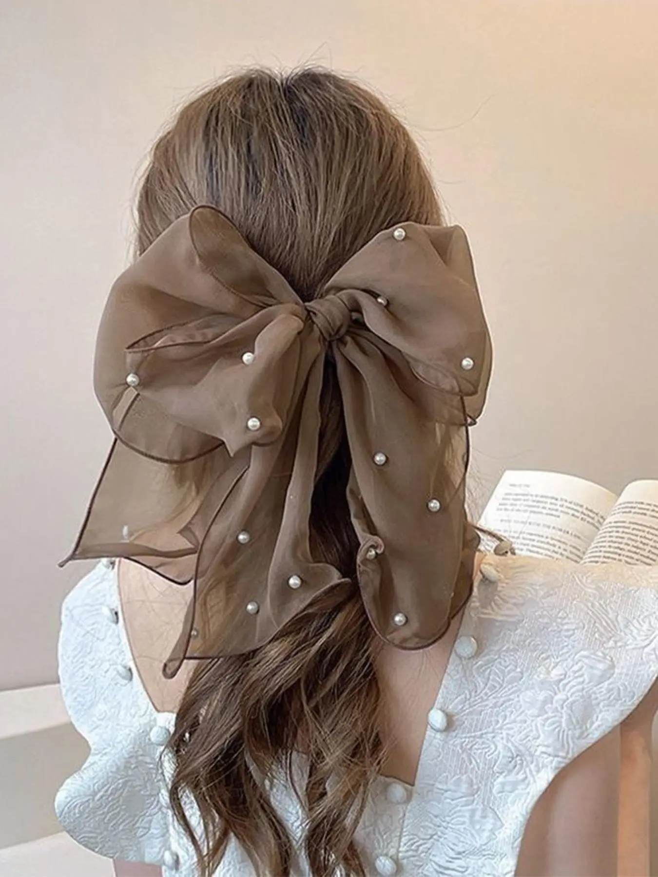 Faux Pearl Bow Design Mesh Hair Clip
