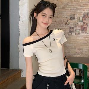 เสื้อยืด แขนสั้น พิมพ์ลาย เปิดไหล่ เซ็กซี่ น่ารัก ข้ามพรมแดน สำหรับผู้หญิง ทรงสลิมฟิต เหมาะสำหรับฤดูร้อน สาวฮอต เสื้อสั้น ขายส่ง