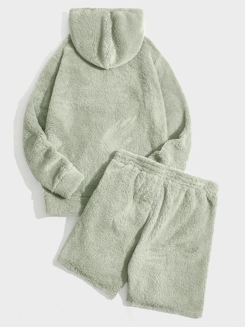 Product Introduction of Two-piece Set Men's Letter Patched Drop Shoulder Hoodie & Drawstring Waist Shorts Set, Men's Sweatsuit Set, Casual Fashion Cozy Regular Fit Outfits for Daily Outdoor Wear, Menswear, Men's Clothes Suits for Fall & Winter, Men's 2 Piece Set, Two Piece Men 9