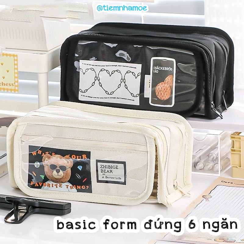 Túi bút,túi đựng bút basic form đứng 6 ngăn, hai màu be đen có mặt trong suốt