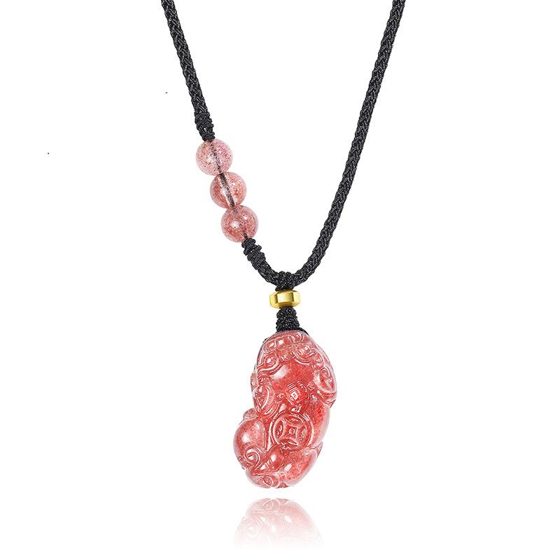 Badu Natural Strawberry Quartz Obsidian Lucky Fortune Swallowing Gold Beast Men's and Women's Pi Xiu Pendant Couple Necklace 3
