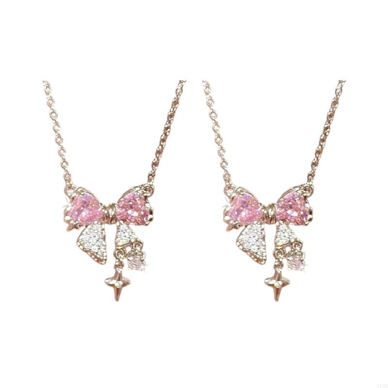 Explosive Network Red Pink Bright Bow Necklace Ins Students Sweet Cool Girl Clavicle Chain with Light Luxury Senior Sense of Summer 7