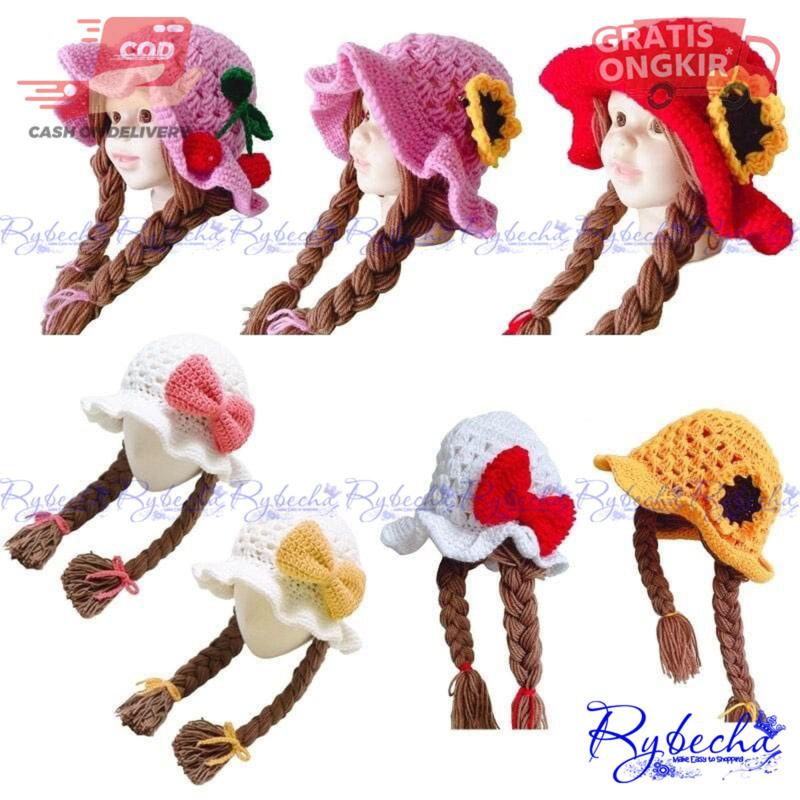 Paket 3 Pcs Kupluk Bayi Perempuan Rajut Topi Bayi Newborn Motif Kepang Wig Usia 0 - 3 Thn 0