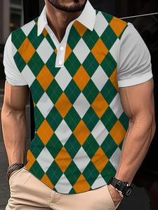 Men's All Over Argyle Print Polo Shirt, Regular Fit Casual Short Sleeve Collared Top for Summer, Fashion Men's Clothes for Daily Wear