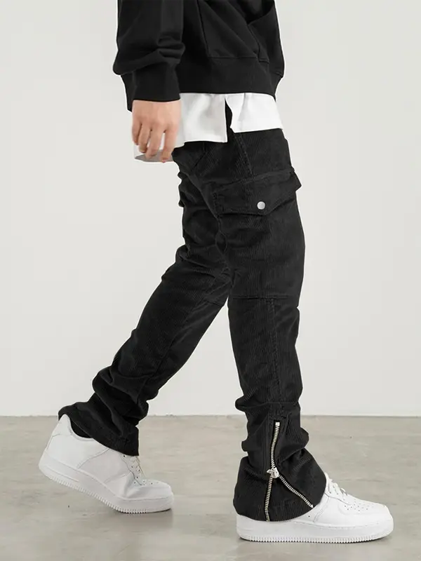 Men's Plain Flap Pocket Drawstring Waist Corduroy Cargo Pants, Regular Fit Street Fashion Zipper Split Trousers For Daily Wear, Men's Bottoms For Fall & Winter 3