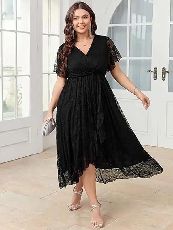 【Plus Size】 Solid Color Lace Trim Hem Tulle Dress, Elegant Long Sleeve Round Neck Dress for Party Wedding Guest, Women's Clothes for Spring & Fall 0