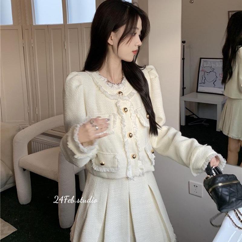   SET31   SẴN HÀNG  Set áo khoác dạ tweed kèm chân váy tua rua Nữ phong cách ulzzang Hàn Quốc 
