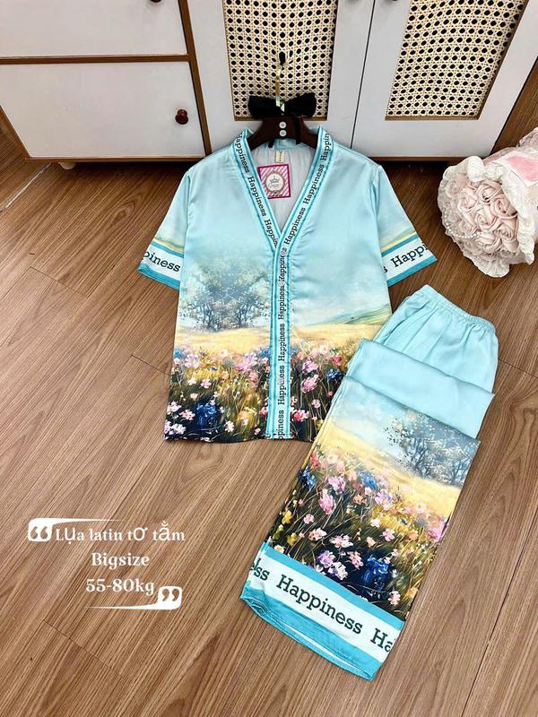 Size 60-75KG- Bigsize Bộ Lụa Latin Tơ Tằm Cổ Tim Tay Ngắn Quần Dài In 5D TNQD Mềm Mát Mặc Nhà Cao Cấp Women Nữ 1