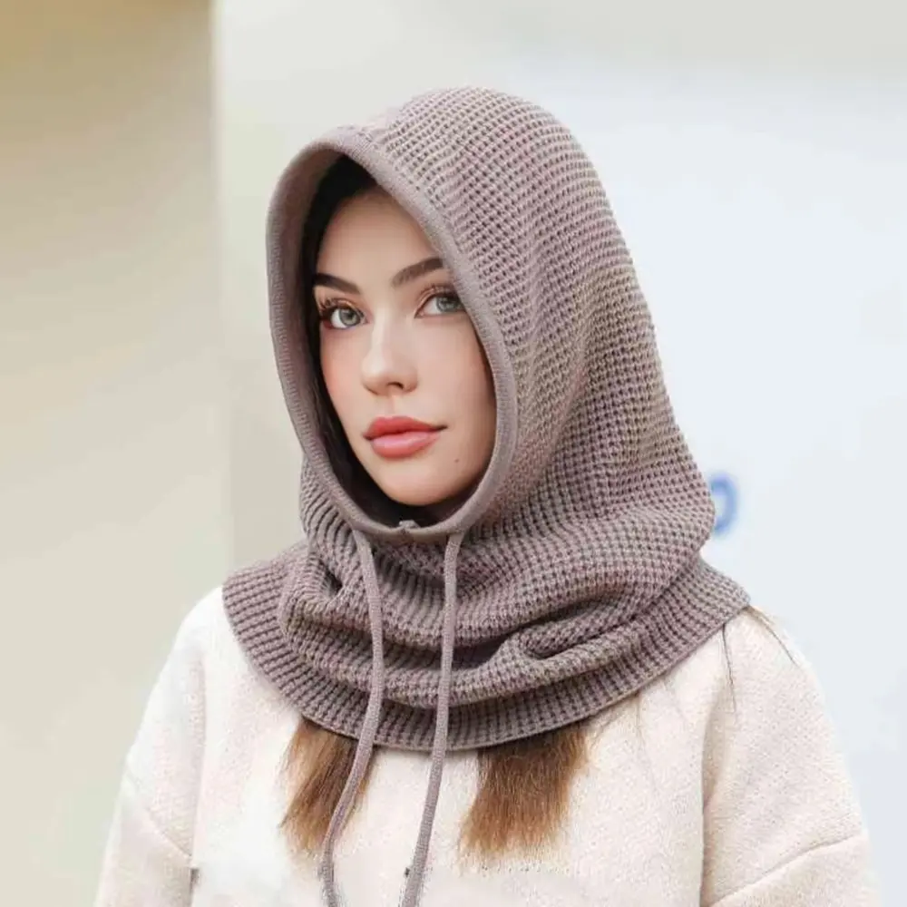 New Ear Protection Knitted Hooded Cap Windproof Warm Beanie Hats Drawstring Hooded Scarf Hat Unisex