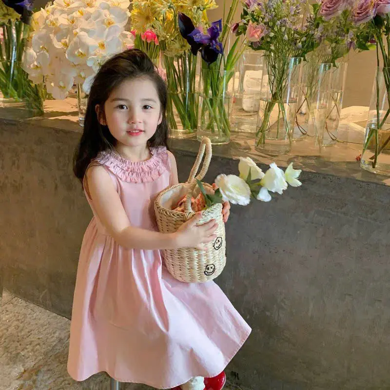 Váy bé gái xinh [TE22] màu hồng chạy bèo cổ thắt dây