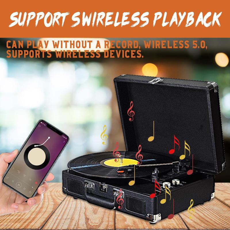 Wireless Vinyl Record Player with Speaker, Portable Vintage Suitcase Vinyl Turntable Record Player with Built in Stereo Speakers, USB Powered Record Player, Audio 3