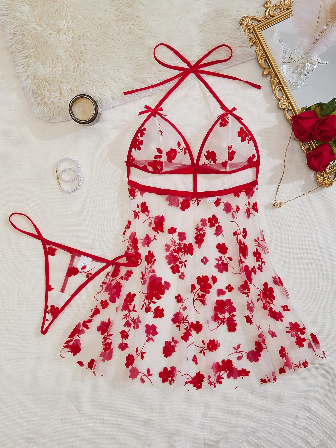 Two-piece Set Women's All Over Floral Print Halter Neck Tulle Pajama, Sexy Sheer Backless Cami Nightdress & Thong Set, Women's Sleepwear for All Seasons