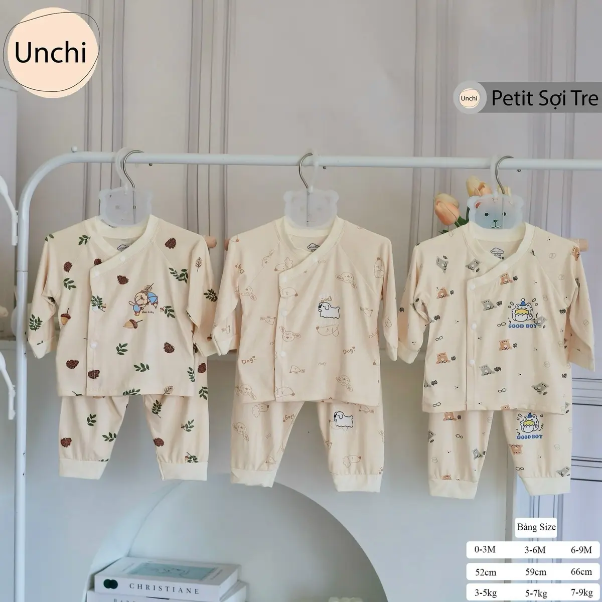 Bộ quần áo dài tay Be Unchi petit mềm mại mịn màng , co dãn cho bé mặc sơ sinh 0-9m