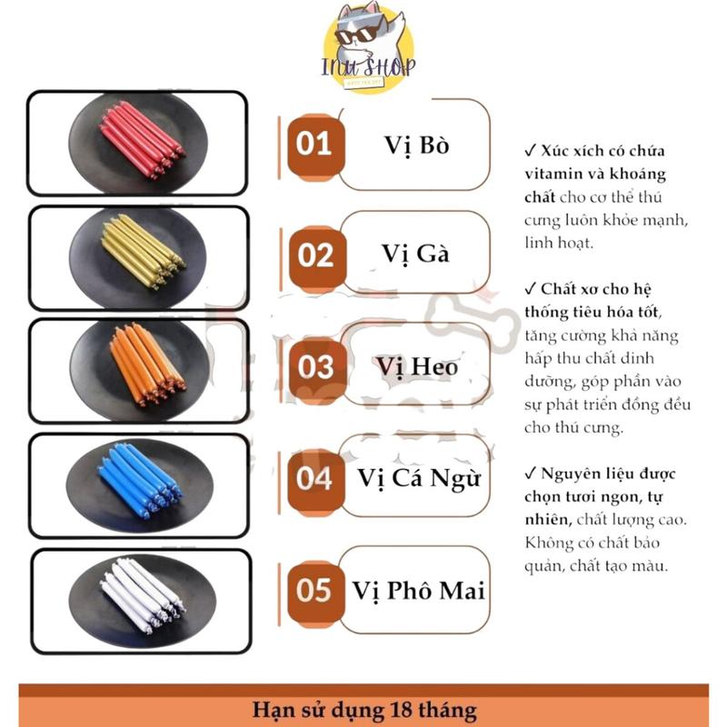 Product Introduction of Combo 15-30 thanh xúc xích cho chó mèo trọng lượng 15gr, đồ ăn cho chó mèo giàu dinh dưỡng và tiện lợi. 30