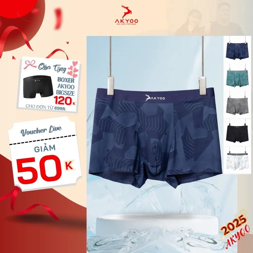 Quần sịp boxer big size nam AKYOO 80-140kg, quần lót hoạ tiết 5 màu lựa chọn tùy ý, mỏng nhẹ, co giãn 4 chiều, thoáng mát, có lớp vải kháng khuẩn, Menswear, Quần Boxer