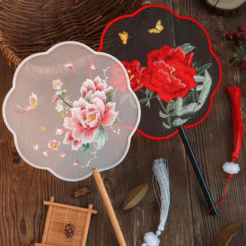 Quạt Phong Cách Cổ Trang, Quạt Tròn Thêu Hai Mặt, Quạt Hanfu Phong Cách Trung Quốc, Quạt Thêu Cổ Điển Thích Hợp Cho Sườn Xám Và Khiêu Vũ, Quạt Thêu Su Đồng Decor