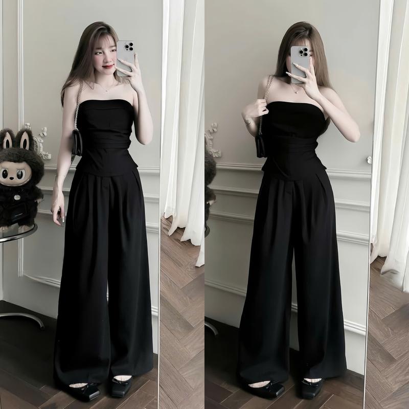  Set đồ nữ áo cúp ngực moking thân sau nhún eo kèm quần dài ống rộng sang chảnh phù hợp cho các nàng đi chơi đi tiệc 