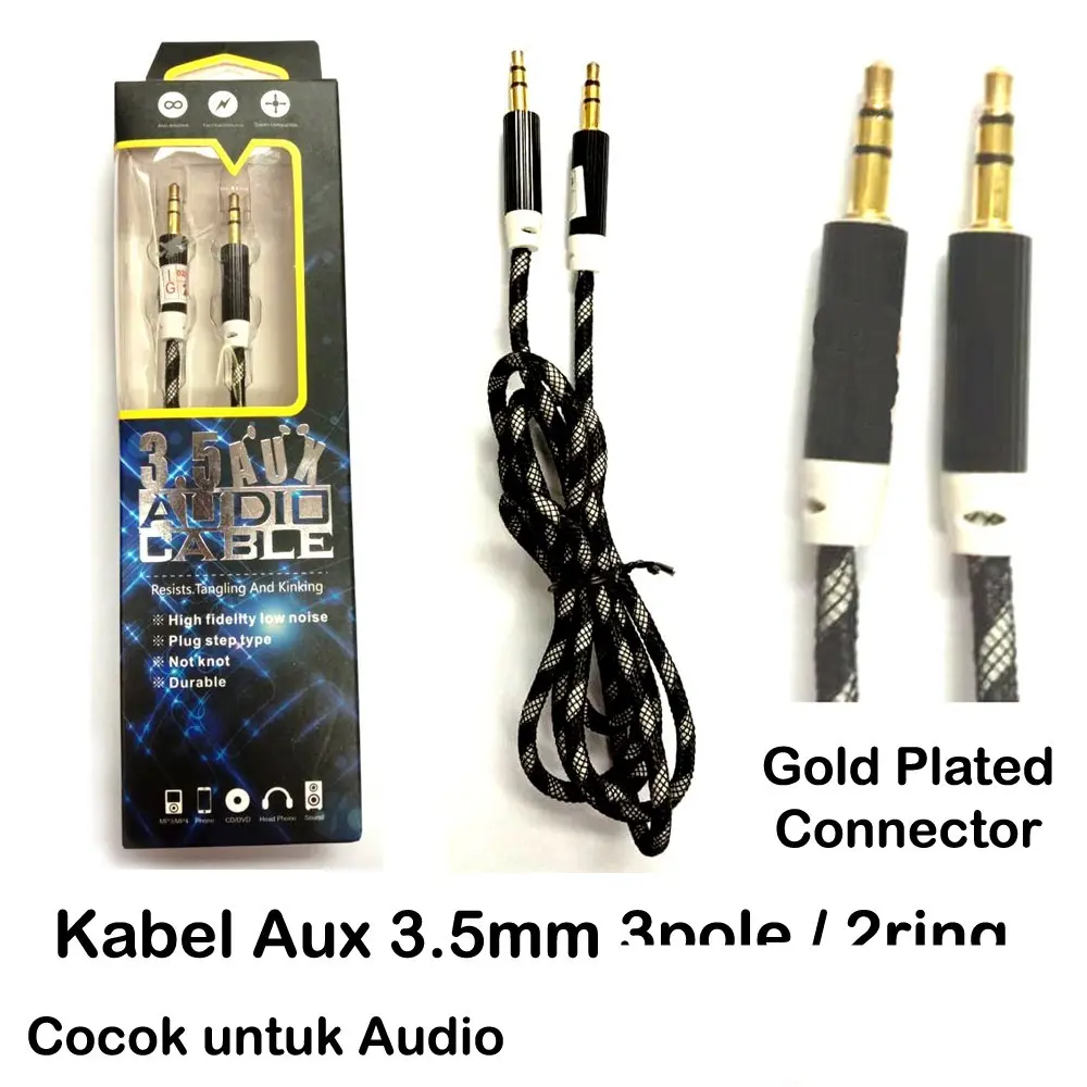Kabel 1m Aux Audio 3.5 mm male to male 3 pole cable 2 strip Gold Plate 3.5mm