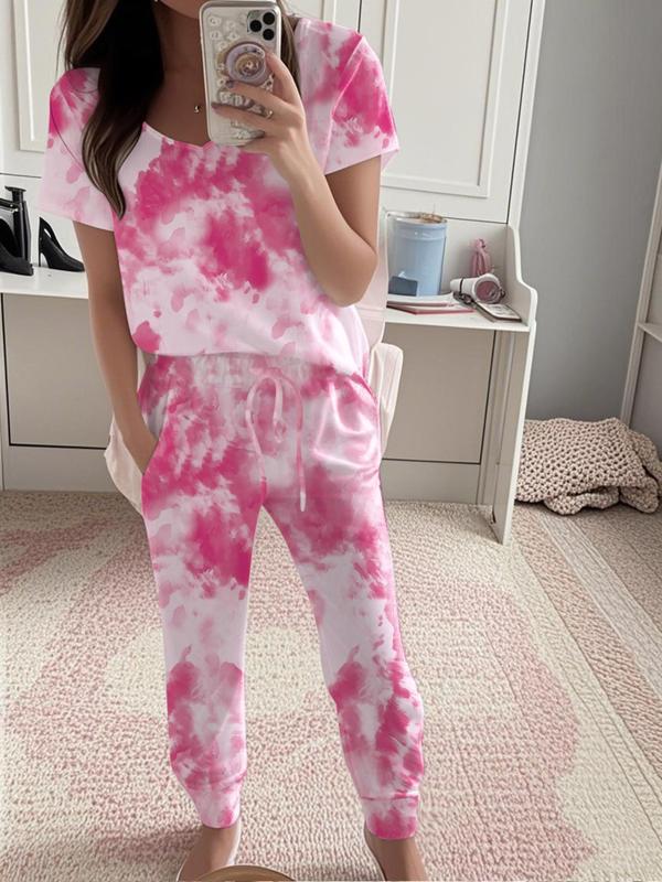 Women's Tie Dye Print Tee & Pants Pajama Two-piece Set, Casual Comfy Short Sleeve T-shirt & Trousers Pj Set, Ladies Sleepwear for All Seasons 3