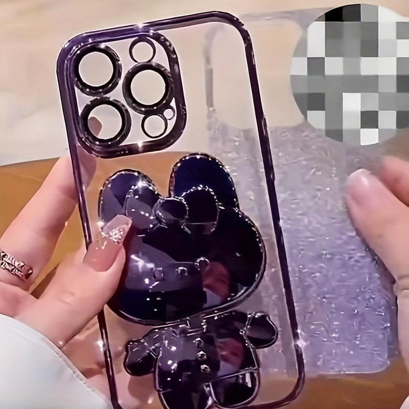 Cute Bunny Design Phone Case with Camera Lens Protector & Hidden Mirror Holder, Shockproof Phone Protective Cover, Phone Accessory Compatible with iPhone 15 14 13 12 11 Pro Max Plus 7
