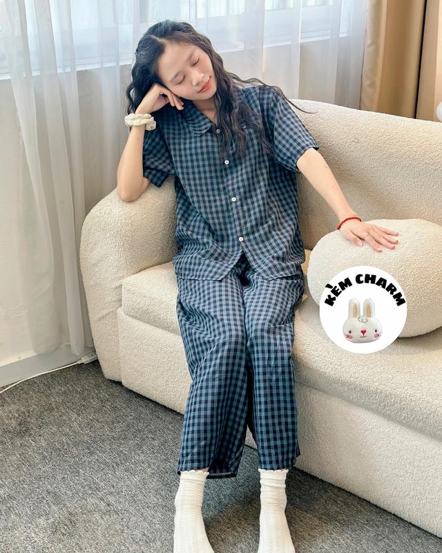 Bộ kẻ caro Cộc Dài Minoji Store nhiều màu chất đũi họa tiết dễ thương phong cách Hàn Quốc 6