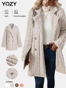 YOZY Women's Solid Textured Double Button Lapel Neckline Overcoat, Elegant Long Sleeve Thermal Lined Outerwear for Spring & Fall, Women's Clothing for Daily Wear