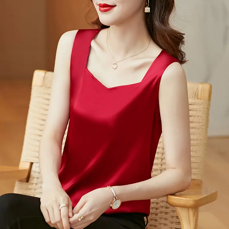 Top Áo lụa nữ sát nách cổ lục giác thanh lịch chất lụa latin cao cấp thoáng mát AO0010 Women