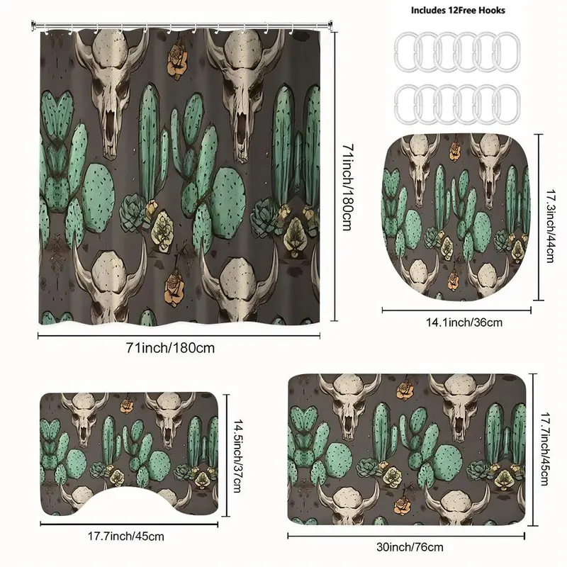 Cactus Skull Pattern Bathroom Set, 1 Shower Curtain with 12 Hooks, 1 Bath Mat, 1 U-shaped Rug, 1 Toilet Lid Cover, Bathroom Decor Supplies 1