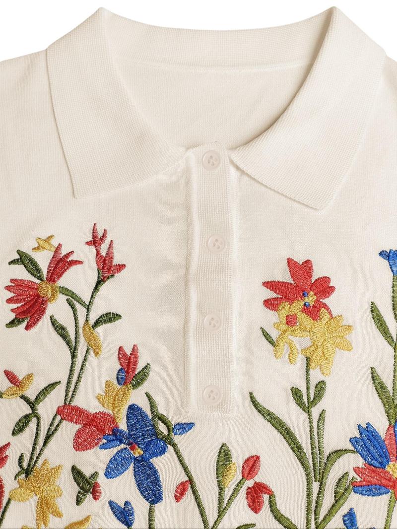 Product Introduction of Women's Floral Embroidery Curved Hem Short Sleeve Tee, Elegant Casual Crew Neck T-shirt for Summer, Fashion Women's Top for Daily Wear 3