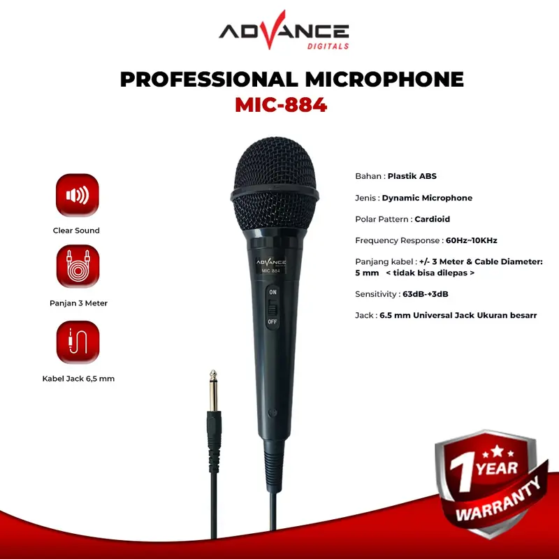 Mic Karaoke Profesional Dynamic Microphone Mic Kabel MIC884 Jack Besar 6,5MM BJSTORE 2