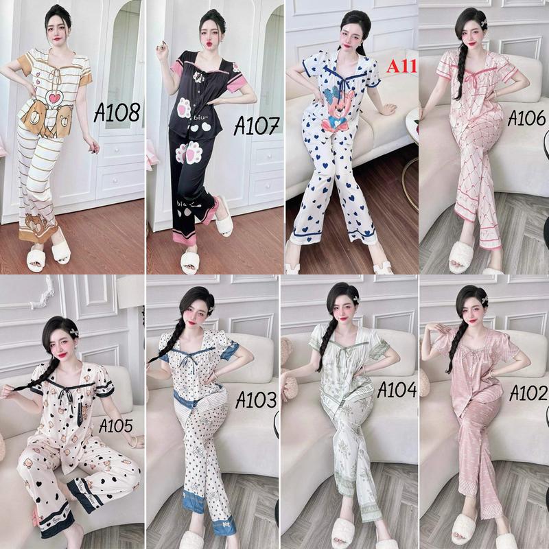 [40 tới 70kg] Đồ bộ pijama  lụa xước cổ vuông quần dài áo cộc tay viền lé mềm mát mặc nhà
