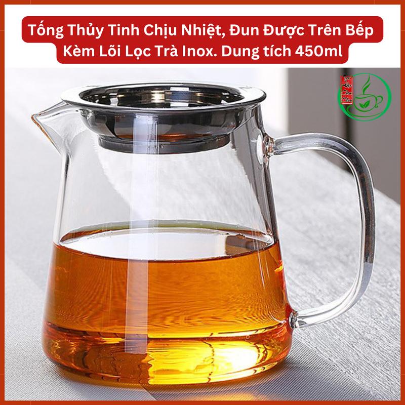 Tống Trà Thủy Tinh Chịu Nhiệt Kèm Lọc Inox 304 Bình Trà Thủy Tinh Kèm Lọc Tống Chuyên Trà 450ml Đun Được Trên Bếp