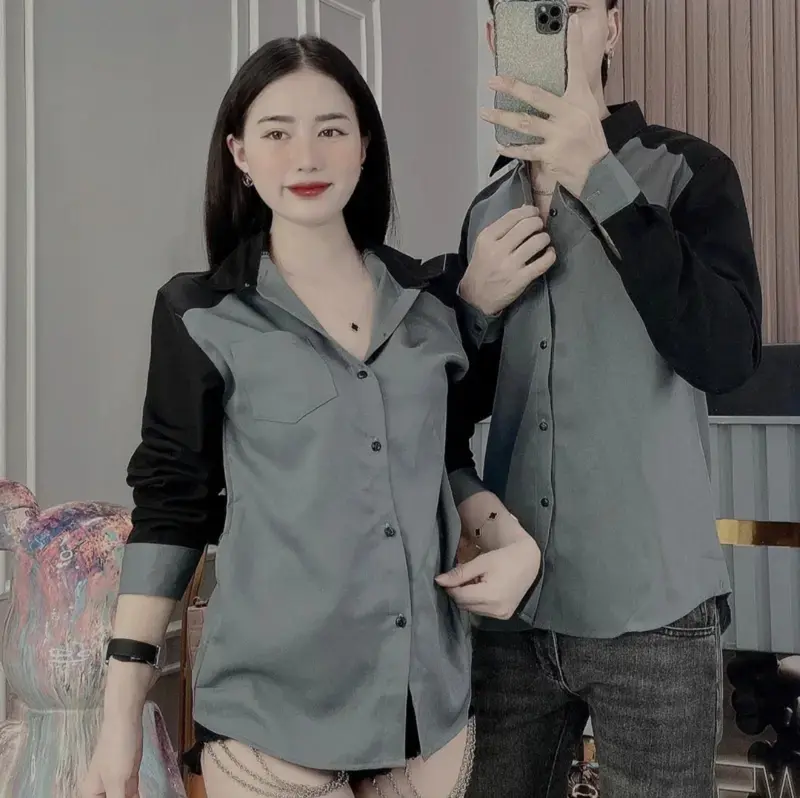 Áo sơ mi nam nữ tay dài thiết kế tay phối màu sang trọng chất lụa mềm mịn thoáng mát mẫu mới hót trend_kenkhang77 Menswear Shirt Có Cổ 2