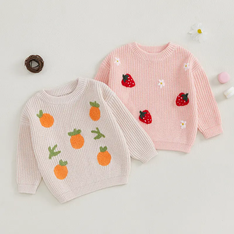 Girls Autumn Winter Knit Sweater Long Sleeve Flower Fruit Embroidery Pullover Knitwear