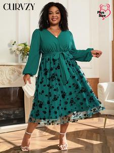 CURVZY Plus Size Autumn Aesthetic Floral Print Belted Wrap A Line Dress, Elegant Bishop Sleeve V Neck Long Dress for Party Holiday Daily Wear, Women's Clothes for Summer & Autumn