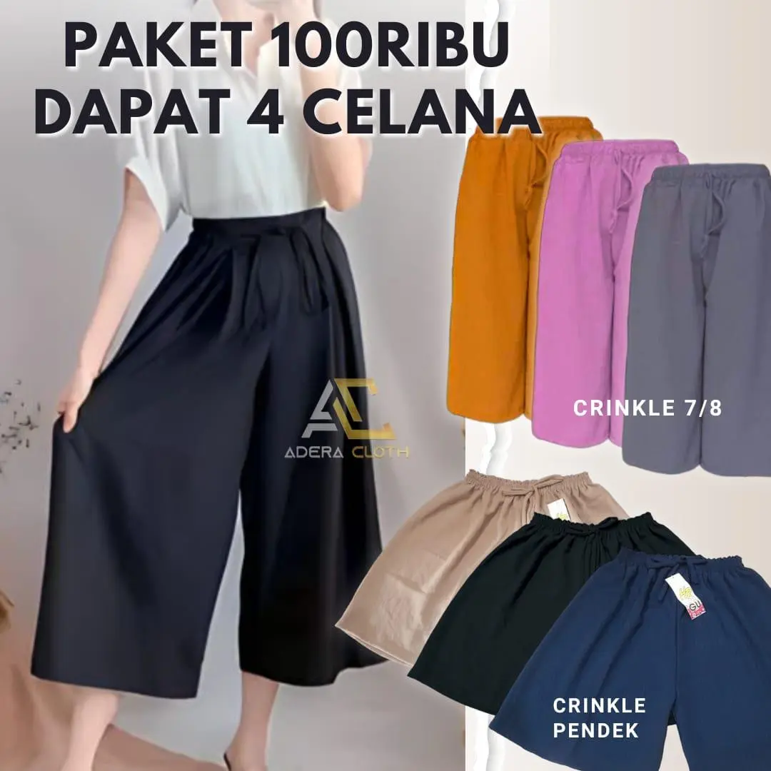 PAKET 95RIBU DAPAT 4 CELANA - CELANA KULOT CRINCKLE 7/8 JUMBO - CELANA PENDEK CRINCKLE AIRFLOW - CELANA KULOT WANITA