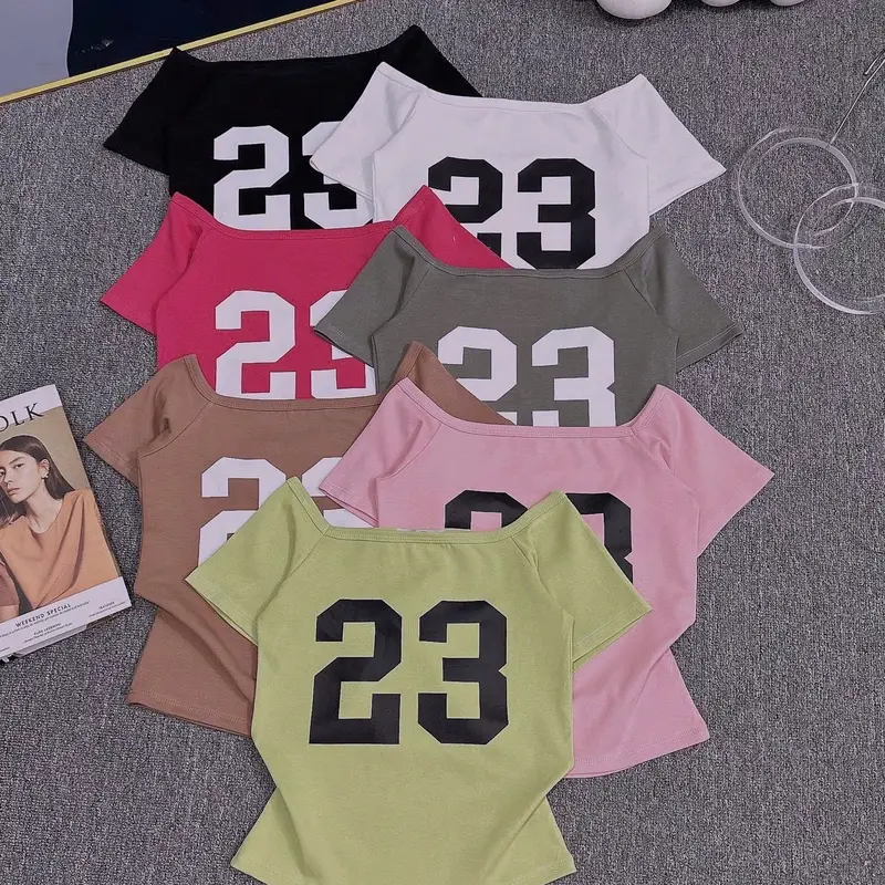 Áo bẹt vai tay ngắn thun bozip đủ màu in số 23 Women Nữ Top Shirt trễ vai aosang chanh 2