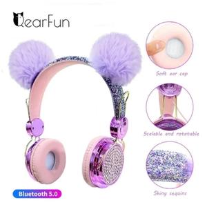 Alat Dengar Tanpa Wayar, Reka Bentuk Bling, Bluetooth, Sesuai untuk Kanak-kanak Perempuan, Alat Dengar Berwayar dengan Mikrofon, Mewah, Kilat dan Reka Bentuk Bola Rambut Comel, Alat Dengar Muzik Mic Earphones Audio earbuds wireless headphone airpods