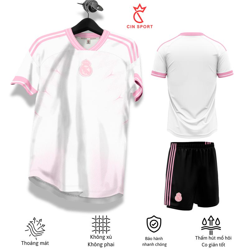 Top BỘ QUẦN ÁO BÓNG ĐÁ REAL TRẮNG HỒNG CHẤT VẢI THUN MÈ COOL USA CAO CẤP CIN SPORT. ÁO ĐÁ BANH REAL CỔ CHỮ V áo  real Nam Nữ Nam