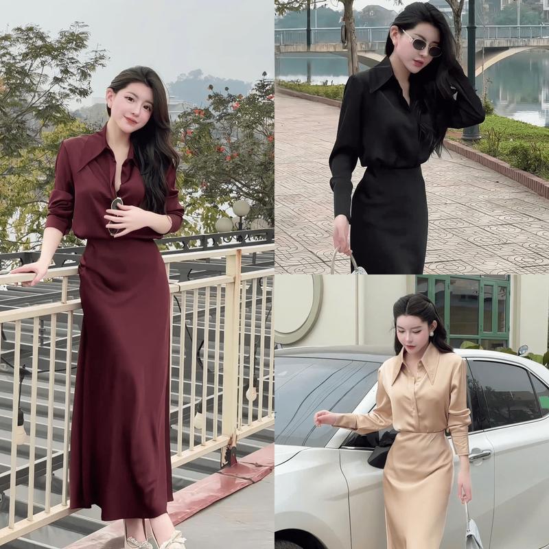 Set lụa Tô Châu X78 áo + chân váy áo sơ mi phối chân váy cá dài