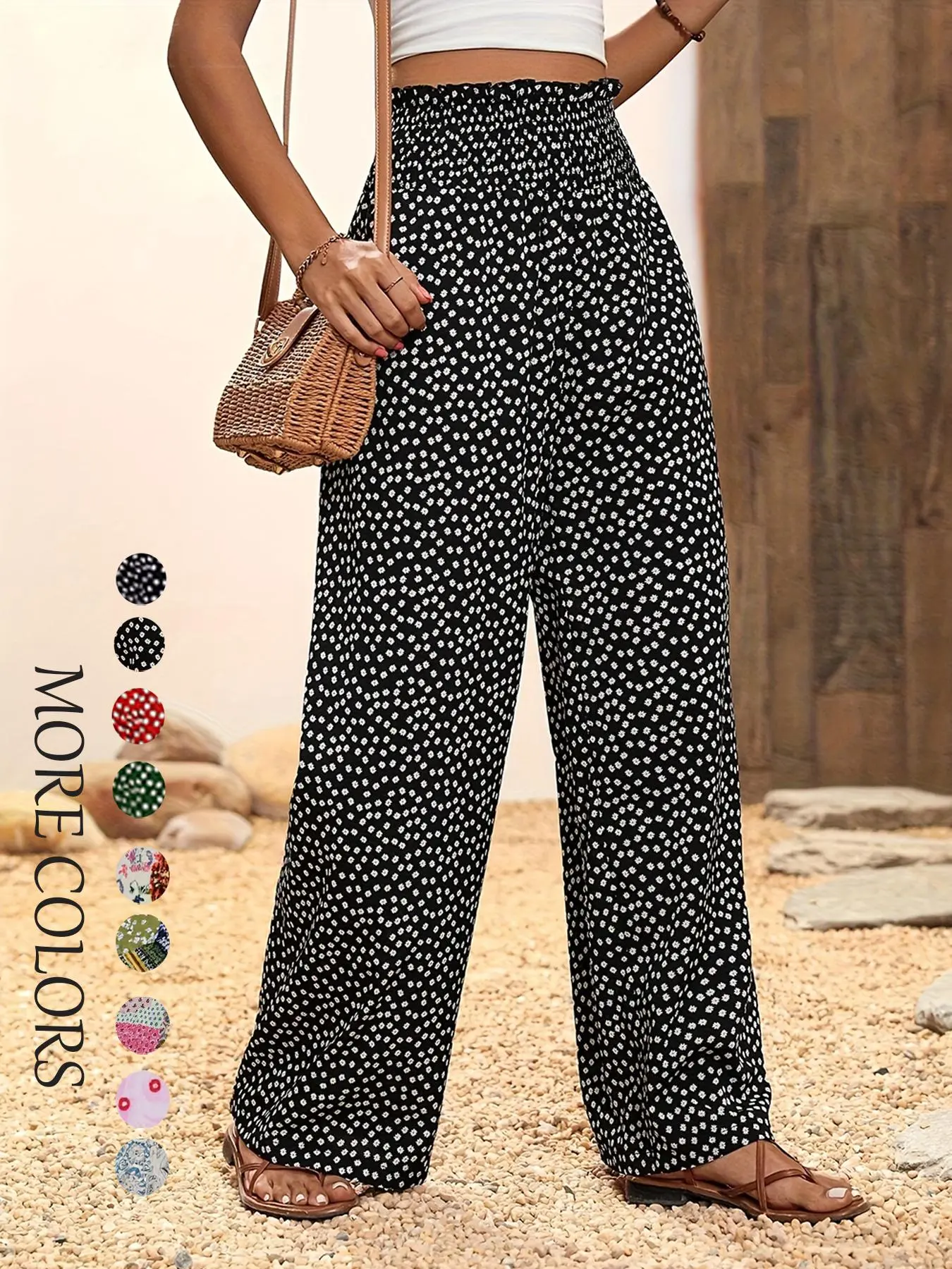 Women's Ditsy Floral Print Shirred Wide Leg Pants, Casual Boho Comfy Frill Trim High Waist Trousers for Spring & Fall, Women's Bottoms for Daily Wear, Wide Legged Pants