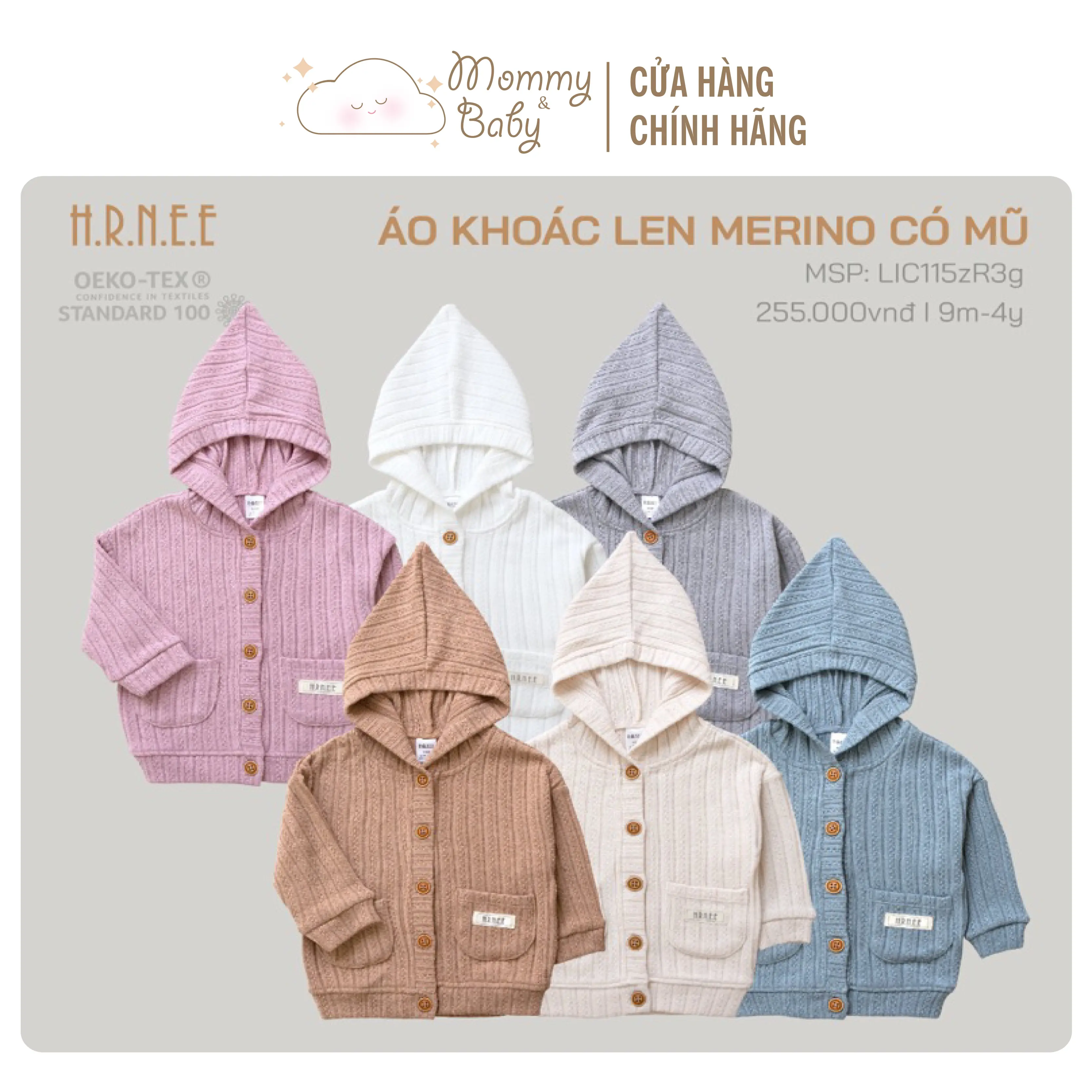 Áo khoác len Merino HRNEE áo cardigan dành cho bé trai và bé gái mặc ấm áp mùa thu đông
