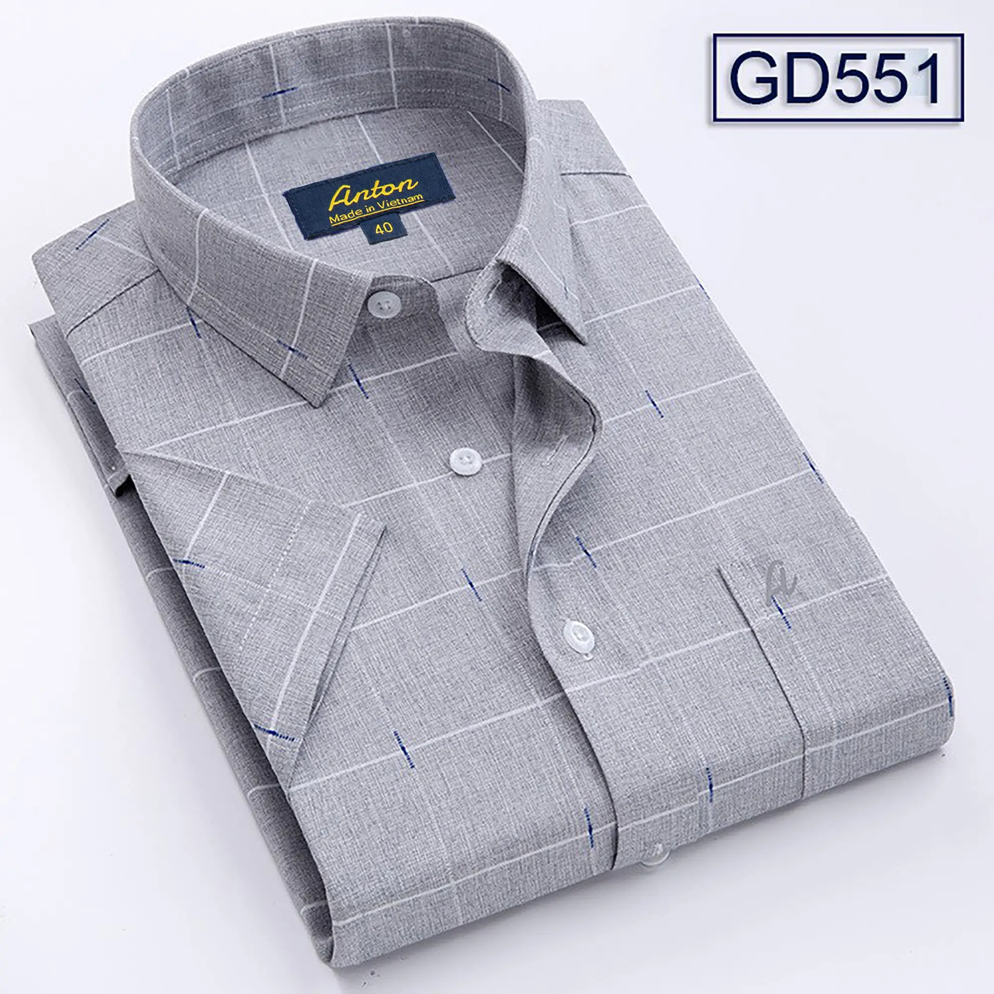 Áo Sơ Mi Nam Công Sở Trung Niên Anton Somianton Màu Ghi Xám Vải Sợi Tre Họa Tiết Kẻ Sọc Trắng In Chìm Menswear Shirt Cổ Tròn – GD551