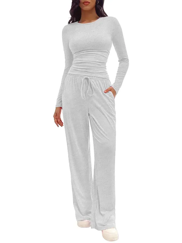 Two-piece Set Women's Solid Ruched Tee & Drawstring Pocket Pants Lounge Set, Casual Long Sleeve T-shirt & Elastic Waist Trousers, Pyjamas for Women, Ladies Sleepwear for All Seasons,  Lounge Tracksuit Women 6