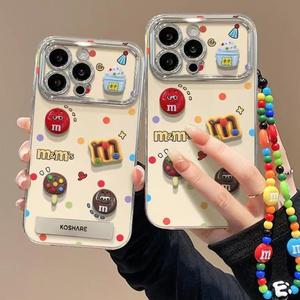 M&M Electroplating Phone Case, DIY Cute 3D Design, with Holder and Lanyard, Compatible with iPhone 11, 16, 15, 14, 13, 12, Pro, Xs Max, XR, X, 7, 8, 6, 6s Plus, Ins Korea, Soft TPU Phone Case, Shockproof Protective Back Cover