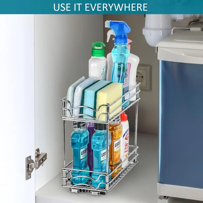 2-tier Pull-out Spice Rack, 1 Count Durable Iron Under Cabinet Storage Rack, Space-saving Kitchen Organization Rack for Home Dormitory Dining Room 4